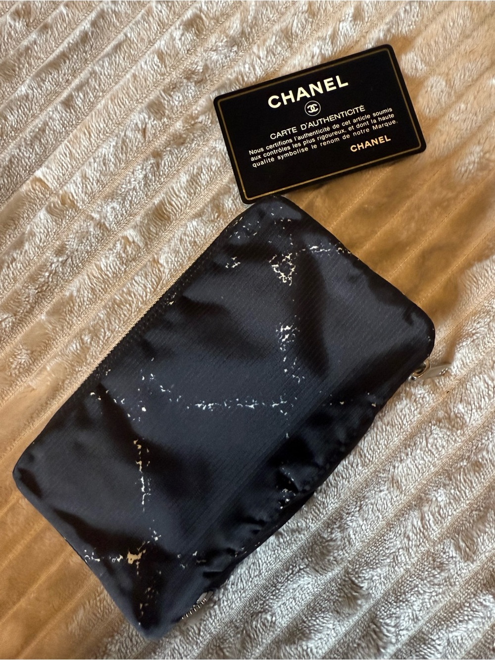 CHANEL Black Marble-Print Nylon Zip Jewelry Pouch